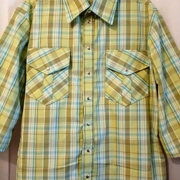New Mens Western Cowboy Snap Shirt M Plaid short sleeve Mint Olive Blue collared - Picture 3 of 9
